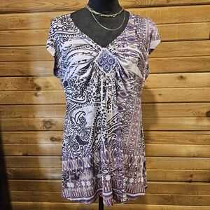Purple Paisley Geometric Flowy Boho Y2K Top With Beaded Detail Large